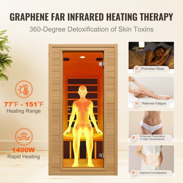 VEVOR Ferninfrarot-Holzsauna, Sauna-Spa für Zuhause für 1 bis 2 Personen, Niedrige EMF-Ferninfrarot-Sauna aus Hemlockholz mit gehärteter Glastür & mehrfarbiger Lampe & Bluetooth-Lautsprecher & Farblichttherapie, – Bild 3