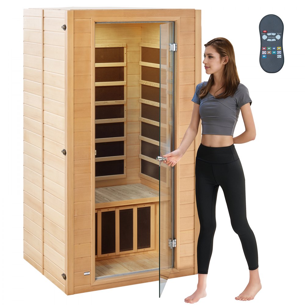 VEVOR Ferninfrarot-Holzsauna, Sauna-Spa für Zuhause für 1 bis 2 Personen, Niedrige EMF-Ferninfrarot-Sauna aus Hemlockholz mit gehärteter Glastür & mehrfarbiger Lampe & Bluetooth-Lautsprecher & Farblichttherapie,