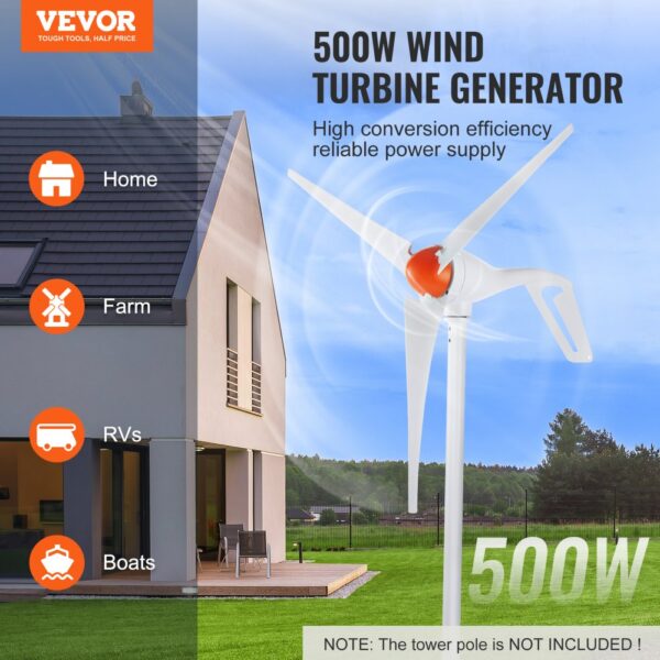 VEVOR 500 W Windkraftanlage 12 V Windgenerator 3-Blatt-Windkraftgenerator mit MPPT-Regler einstellbare Windrichtung und 2,5 m/s Startwindgeschwindigkeit geeignet für Zuhause Bauernhof Wohnmobile Boote – Bild 2 VEVOR 500 W Windkraftanlage 12 V Windgenerator 3-Blatt-Windkraftgenerator mit MPPT-Regler einstellbare Windrichtung und 2,5 m/s Startwindgeschwindigkeit geeignet für Zuhause Bauernhof Wohnmobile Boote – Bild 2