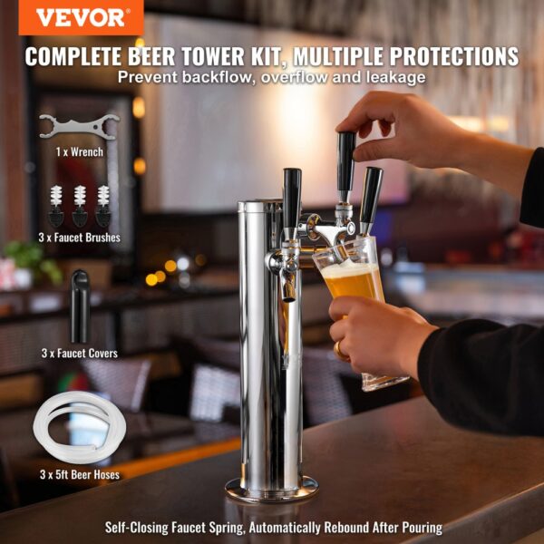 VEVOR Bierzapfturm mit 3 Zapfhähnen, Bierfassturm aus Edelstahl, Kegerator-Turm-Kit mit Vormontierten Schläuchen & selbstschließenden Zapfhähnen für Partys, Bars, Pubs und Restaurants – Bild 2