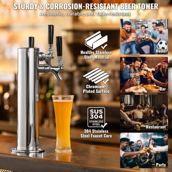 VEVOR Bierzapfturm mit 3 Zapfhähnen, Bierfassturm aus Edelstahl, Kegerator-Turm-Kit mit Vormontierten Schläuchen & selbstschließenden Zapfhähnen für Partys, Bars, Pubs und Restaurants – Bild 5