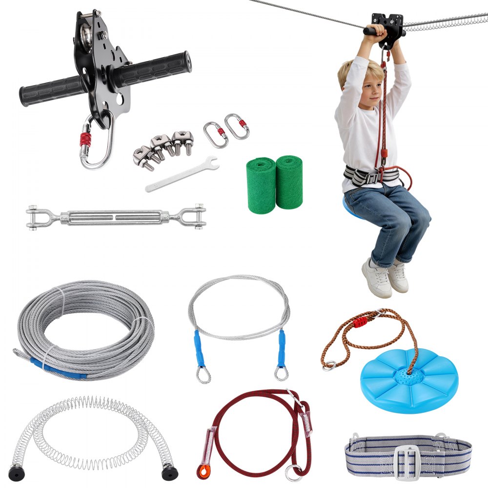 VEVOR Zipline Seilrutsche 18,3 m Seilbahn, Zip Line Kit bis 150 kg, Backyard Zip Line Kit mit Verbessertem Federbremssystem, Seilbahn für Garten, Außenbereich (Nur für Teenager. Nicht für Erwachsene.)