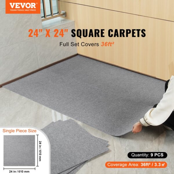 VEVOR Teppichfliesen zum Abziehen und Aufkleben, 61 x 61 cm, selbstklebende Teppichbodenfliesen, weich gepolsterte Teppichfliesen, DIY-Installation für Schlafzimmer, Wohnzimmer, (9 Stk., Hellgrau) – Bild 2