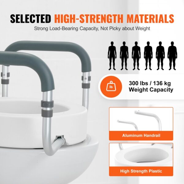 VEVOR Toilettensitzerhöhung, 88,9 mm Hoch, Tragkraft 136 kg, für Runde Standardtoiletten, Aluminium-Handlauf, mit EVA-Armlehnenpolster, für Senioren, Behinderte, Patienten, Schwangere, Mediziner – Bild 5