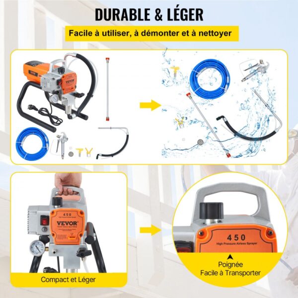 VEVOR Pro Airless-Wandfarbspritzgerät, 1800 W elektrisches Spritzpistolen-Set, einstellbarer Sprühdruck mit Rohr für Wand- und Decken-/Holz- und Metallfarbe – Bild 5