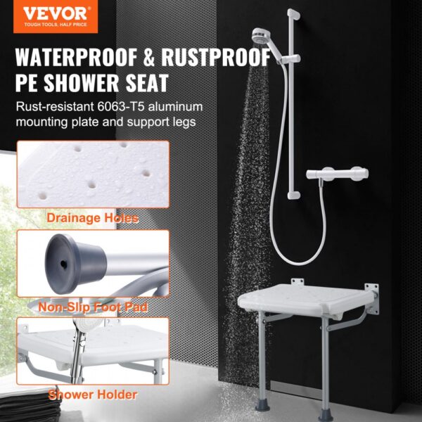 VEVOR Klappbarer Duschsitz aus PE, 40,1 x 37,6 cm ausgeklappt, wandmontierte, hochklappbare Duschbank mit 227 kg Tragkraft, platzsparender zusammenklappbarer Duschstuhl für Senioren, Schwangere – Bild 2 VEVOR Klappbarer Duschsitz aus PE, 40,1 x 37,6 cm ausgeklappt, wandmontierte, hochklappbare Duschbank mit 227 kg Tragkraft, platzsparender zusammenklappbarer Duschstuhl für Senioren, Schwangere – Bild 2
