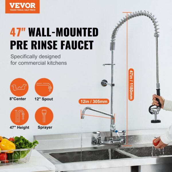 VEVOR Kommerzielle Küchenarmatur Wasserhahn mit Ausziehbarer Vorspülbrause, 118 cm Höhe, 203 mm Mitte, 305 mm Schwenkauslauf, Messing Küchenspülenarmatur zur Wandmontage, für 1/2/3-Fach-Spüle – Bild 2