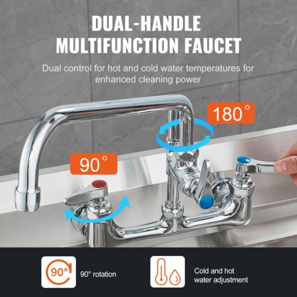 VEVOR Kommerzielle Küchenarmatur Wasserhahn mit Ausziehbarer Vorspülbrause, 118 cm Höhe, 203 mm Mitte, 305 mm Schwenkauslauf, Messing Küchenspülenarmatur zur Wandmontage, für 1/2/3-Fach-Spüle – Bild 5
