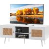 VEVOR Rattan-TV-Ständer, Fernsehschrank Boho-TV-Schrank für 140 cm Fernseher, Retro-TV-Ständer, Rattan-TV-Konsole mit verstellbaren Regalen & 2 Türen, für Wohnzimmer, Medienraum, Weiß