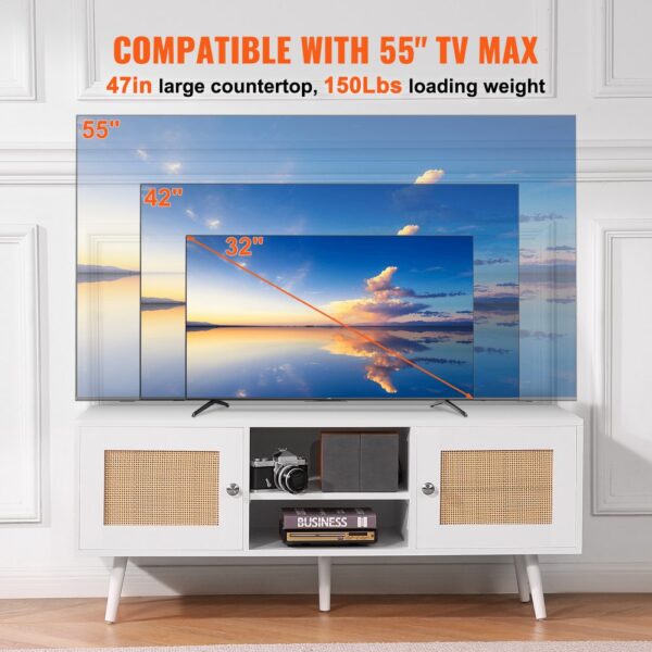 VEVOR Rattan-TV-Ständer, Fernsehschrank Boho-TV-Schrank für 140 cm Fernseher, Retro-TV-Ständer, Rattan-TV-Konsole mit verstellbaren Regalen & 2 Türen, für Wohnzimmer, Medienraum, Weiß – Bild 3