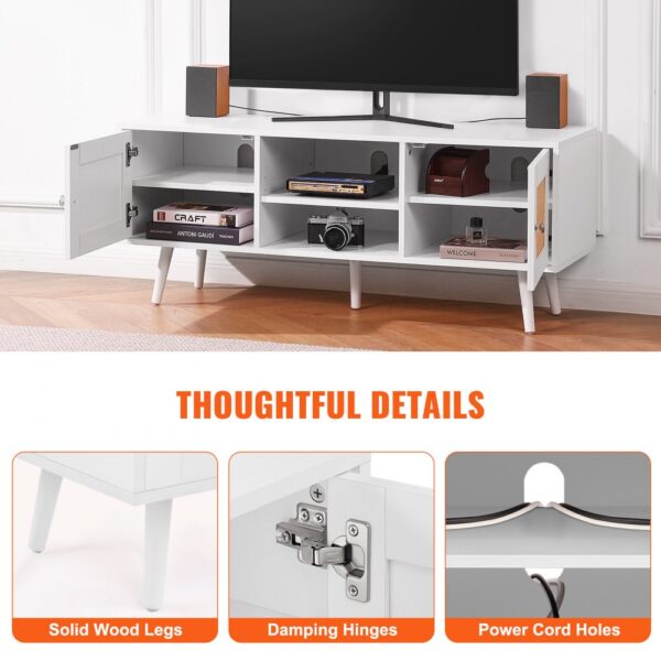 VEVOR Rattan-TV-Ständer, Fernsehschrank Boho-TV-Schrank für 140 cm Fernseher, Retro-TV-Ständer, Rattan-TV-Konsole mit verstellbaren Regalen & 2 Türen, für Wohnzimmer, Medienraum, Weiß – Bild 5