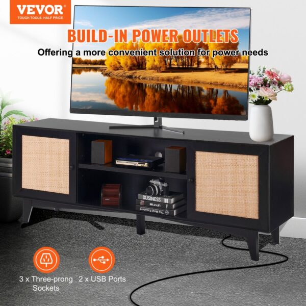 VEVOR Rattan-TV-Ständer für 191 cm Fernseher, Boho-TV-Ständer mit Rattantür, Fernsehschrank mit eingebauter Steckdose, Lagerschrank mit 2 Regalen, moderne TV-Konsole für Wohnzimmer, Schwarz – Bild 2