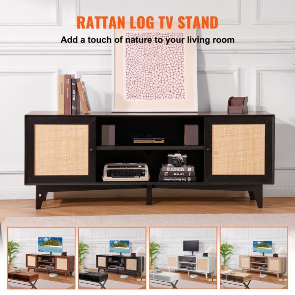 VEVOR Rattan-TV-Ständer für 191 cm Fernseher, Boho-TV-Ständer mit Rattantür, Fernsehschrank mit eingebauter Steckdose, Lagerschrank mit 2 Regalen, moderne TV-Konsole für Wohnzimmer, Schwarz – Bild 3