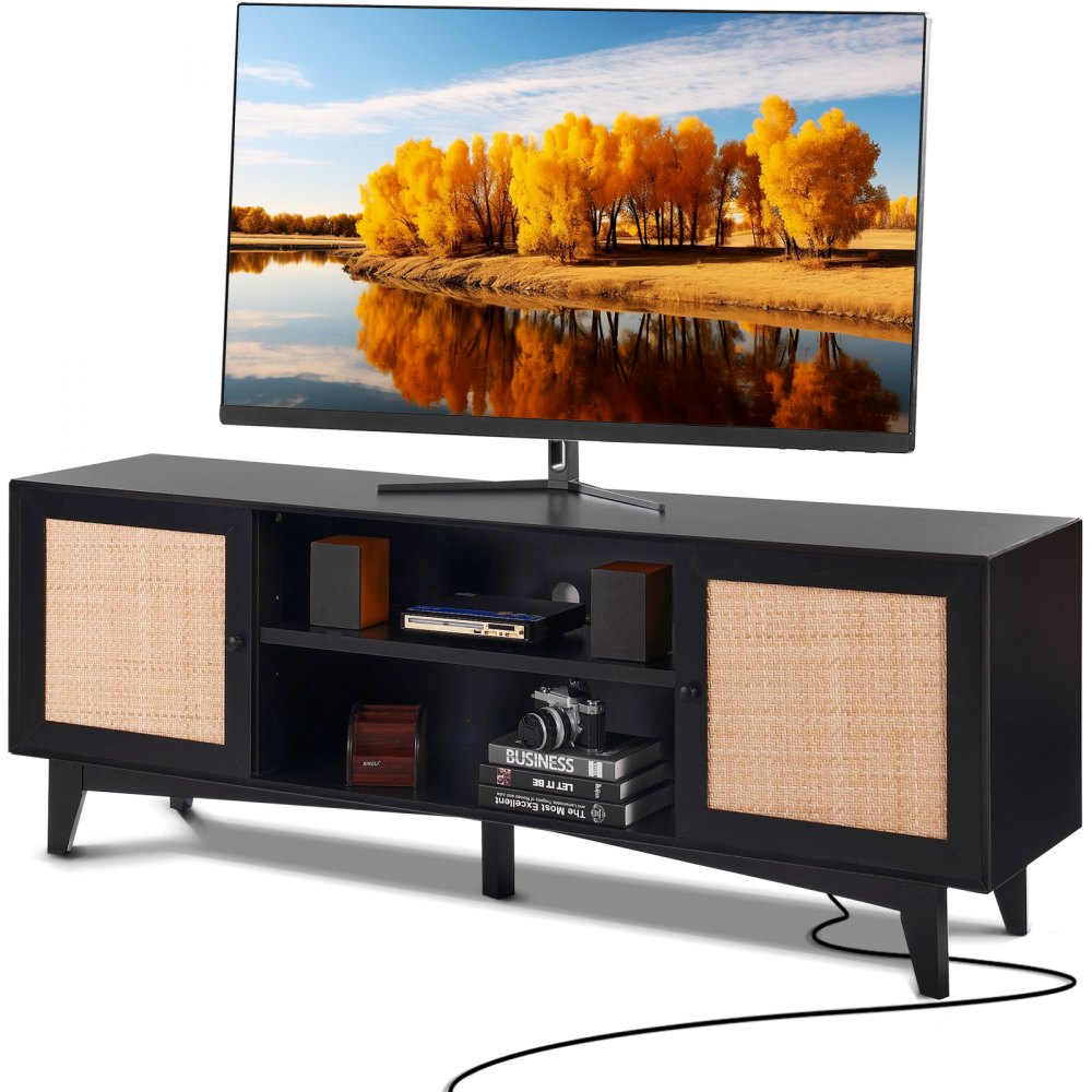 VEVOR Rattan-TV-Ständer für 191 cm Fernseher, Boho-TV-Ständer mit Rattantür, Fernsehschrank mit eingebauter Steckdose, Lagerschrank mit 2 Regalen, moderne TV-Konsole für Wohnzimmer, Schwarz
