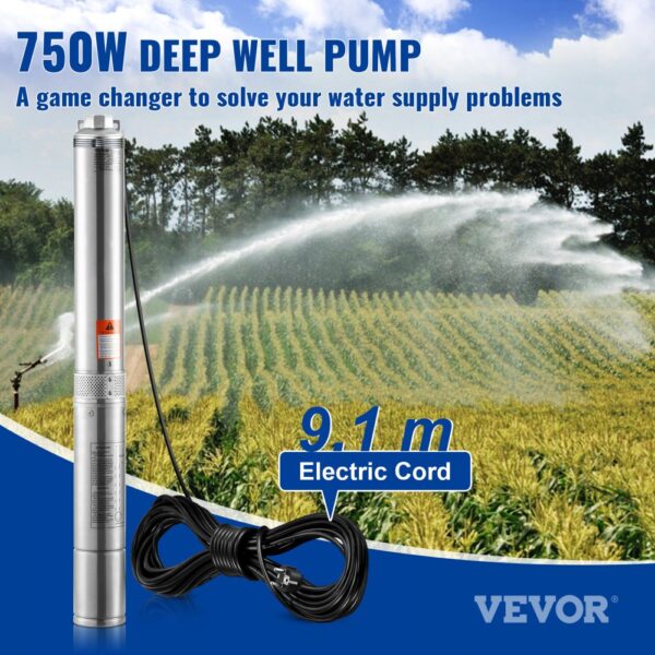 VEVOR Tiefbrunnen-Tauchpumpe, 750 W, 230 V, 60 Hz, 7,1 m³/h max. Durchfluss, 75 m max. Förderhöhe, mit 9,1 m Stromkabel, Edelstahl-Wasserpumpe für Industrie, Bewässerung und Heimgebrauch, IP68-Wasserschutzklasse – Bild 2 VEVOR Tiefbrunnen-Tauchpumpe, 750 W, 230 V, 60 Hz, 7,1 m³/h max. Durchfluss, 75 m max. Förderhöhe, mit 9,1 m Stromkabel, Edelstahl-Wasserpumpe für Industrie, Bewässerung und Heimgebrauch, IP68-Wasserschutzklasse – Bild 2