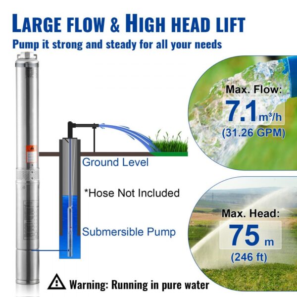 VEVOR Tiefbrunnen-Tauchpumpe, 750 W, 230 V, 60 Hz, 7,1 m³/h max. Durchfluss, 75 m max. Förderhöhe, mit 9,1 m Stromkabel, Edelstahl-Wasserpumpe für Industrie, Bewässerung und Heimgebrauch, IP68-Wasserschutzklasse – Bild 3 VEVOR Tiefbrunnen-Tauchpumpe, 750 W, 230 V, 60 Hz, 7,1 m³/h max. Durchfluss, 75 m max. Förderhöhe, mit 9,1 m Stromkabel, Edelstahl-Wasserpumpe für Industrie, Bewässerung und Heimgebrauch, IP68-Wasserschutzklasse – Bild 3