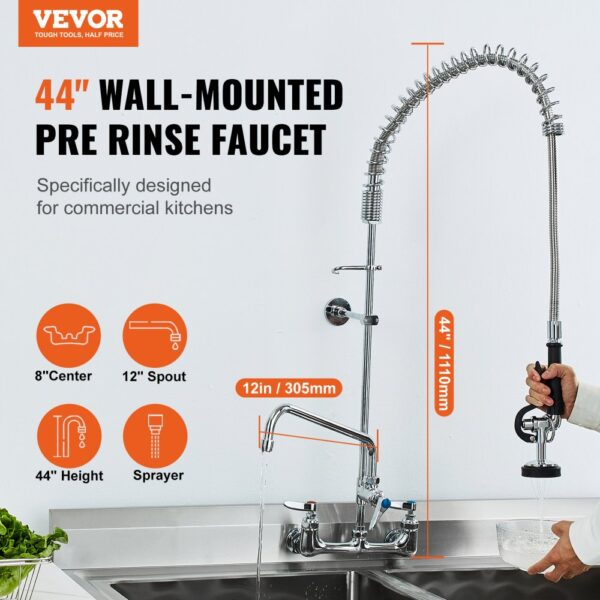 VEVOR Kommerzieller Wasserhahn mit Vorspülbrause, 111 cm Höhe, 203 mm Mitte, 305 mm Schwenkauslauf, Wandmontage Küchenspülenhahn, Messingkonstruktion mit Ausziehbarer Brause, für 1/2/3-Fach-Spüle – Bild 2