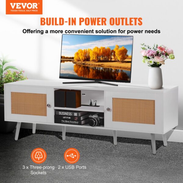 VEVOR Rattan-TV-Ständer für 165 cm Fernseher, Boho-TV-Ständer mit Rattantür, Fernsehschrank mit eingebauter Steckdose und USB-Anschlüssen, moderne TV-Konsole für Wohnzimmer, Medienraum, weiß – Bild 2