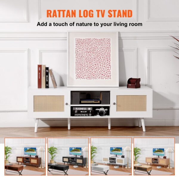 VEVOR Rattan-TV-Ständer für 165 cm Fernseher, Boho-TV-Ständer mit Rattantür, Fernsehschrank mit eingebauter Steckdose und USB-Anschlüssen, moderne TV-Konsole für Wohnzimmer, Medienraum, weiß – Bild 3