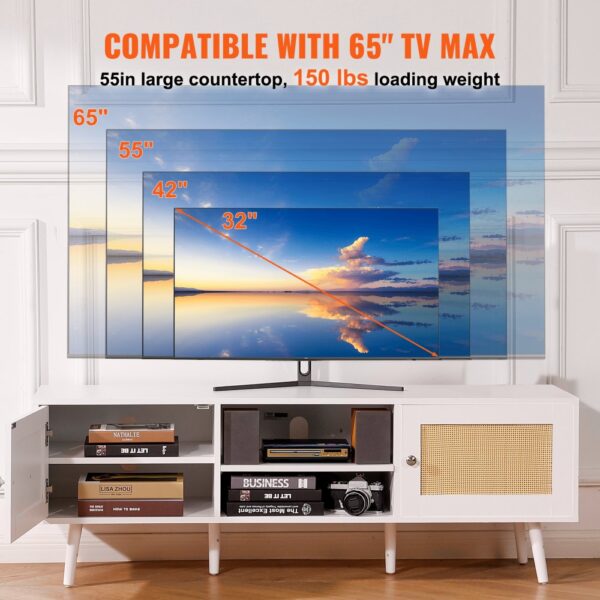 VEVOR Rattan-TV-Ständer für 165 cm Fernseher, Boho-TV-Ständer mit Rattantür, Fernsehschrank mit eingebauter Steckdose und USB-Anschlüssen, moderne TV-Konsole für Wohnzimmer, Medienraum, weiß – Bild 4
