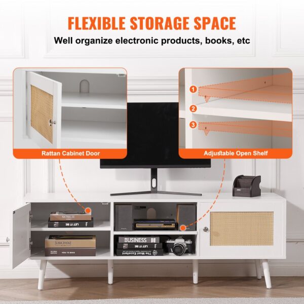 VEVOR Rattan-TV-Ständer für 165 cm Fernseher, Boho-TV-Ständer mit Rattantür, Fernsehschrank mit eingebauter Steckdose und USB-Anschlüssen, moderne TV-Konsole für Wohnzimmer, Medienraum, weiß – Bild 5