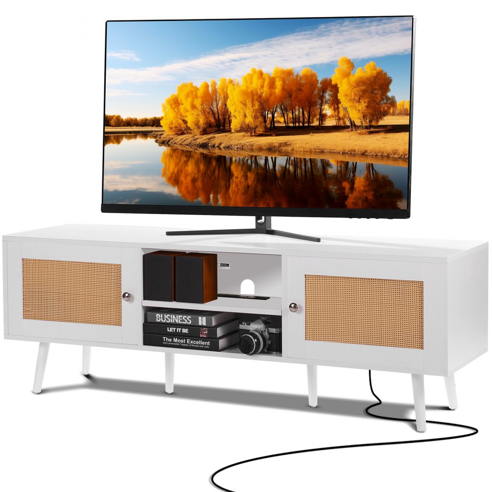 VEVOR Rattan-TV-Ständer für 165 cm Fernseher, Boho-TV-Ständer mit Rattantür, Fernsehschrank mit eingebauter Steckdose und USB-Anschlüssen, moderne TV-Konsole für Wohnzimmer, Medienraum, weiß