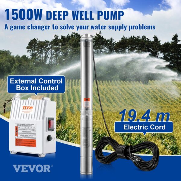 VEVOR Tiefbrunnen-Tauchpumpe, 1500 W, 230 V, 50 Hz, 9,8 m³/h, 108 m Förderhöhe – Bild 2