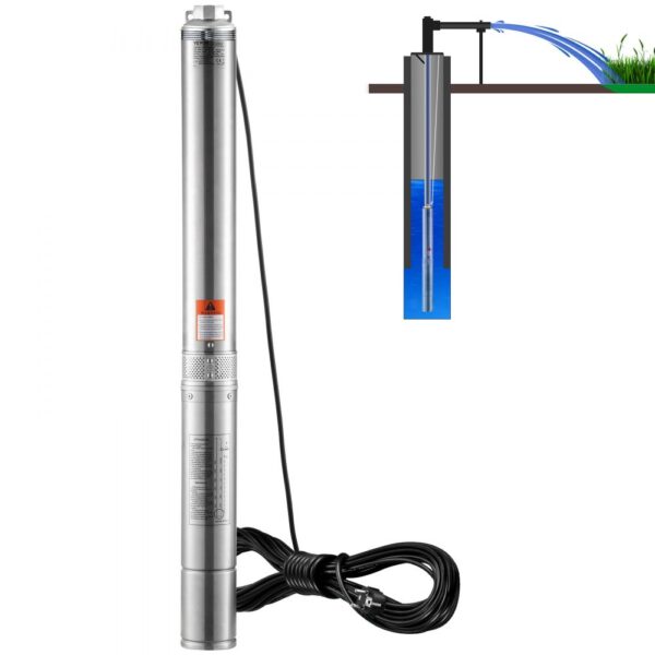 VEVOR Tiefbrunnen-Tauchpumpe, 2 PS/1500 W, 230 V/50 Hz, 9,8 m³/h Durchfluss, 108 m Förderhöhe, mit 9,1 m Stromkabel, Edelstahl-Wasserpumpen für Industrie, Bewässerung und Heimgebrauch, IP68-Wasserschutzklasse VEVOR Tiefbrunnen-Tauchpumpe, 2 PS/1500 W, 230 V/50 Hz, 9,8 m³/h Durchfluss, 108 m Förderhöhe, mit 9,1 m Stromkabel, Edelstahl-Wasserpumpen für Industrie, Bewässerung und Heimgebrauch, IP68-Wasserschutzklasse