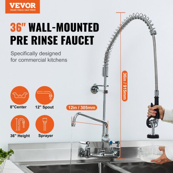 VEVOR Kommerzieller Wasserhahn mit Vorspülbrause, 915 Höhe, 30,5 cm Schwenkauslauf, Küchenspülenarmatur zur Wandmontage, Gerät aus Messing mit Ausziehbarer Brause, für 1/2/3-Fach-Spüle – Bild 2