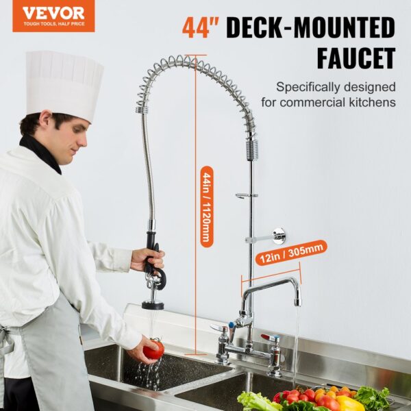 VEVOR Kommerzielle Küchenarmatur Wasserhahn mit Ausziehbarer Vorspülbrause, 112 cm Höhe, 203 mm Mitte, 305 mm Schwenkauslauf, Messing Küchenspülenarmatur zur Deckmontage, für 1/2/3-Fach-Spüle – Bild 2