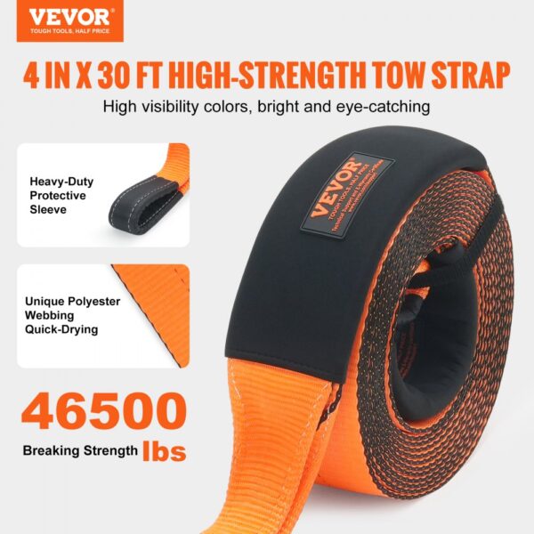 VEVOR Abschleppgurt 101,6 mm x 9,1 m, 21092 kg Bruchfestigkeit, dreifach verstärkte Schlaufengurte, Abschleppen und Bergen im Gelände, extreme Wetterbeständigkeit, Schutzhüllen und Aufbewahrungstasche – Bild 2