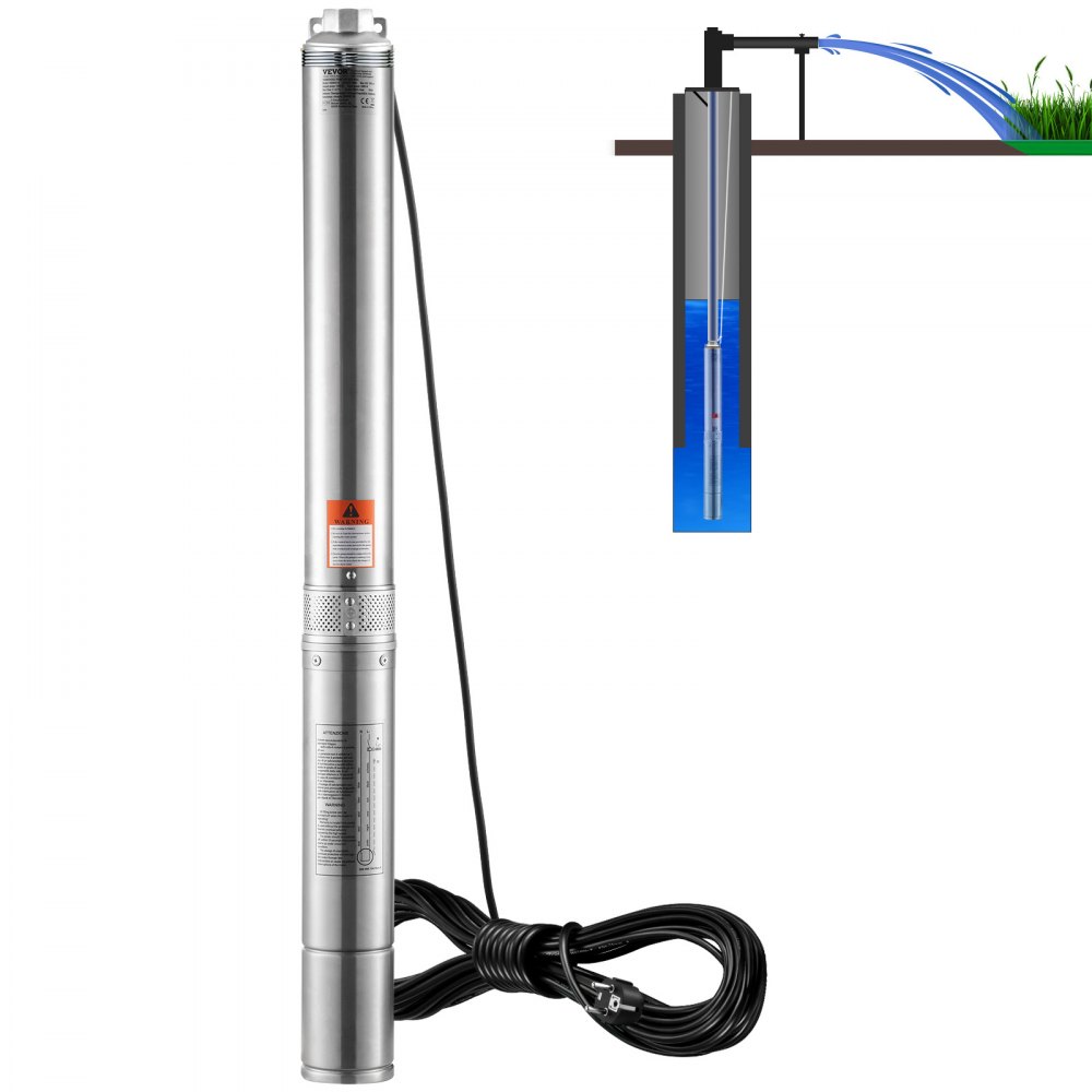 VEVOR Tiefbrunnen-Tauchpumpe, 1100 W, 230 V, 50 Hz, 7,1 m³/h max. Durchfluss, 105 m max. Förderhöhe mit 19,4 m Stromkabel, Edelstahl-Wasserpumpen für industrielle Bewässerung und den Heimgebrauch, IP68-Wasserschutzklasse