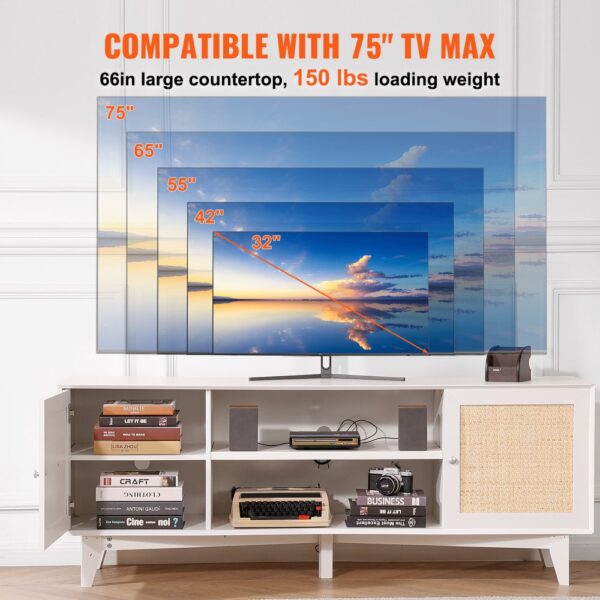 VEVOR Rattan-TV-Ständer 191cm Fernseher Boho-TV-Schrank Weiß Fernsehschrank – Bild 4