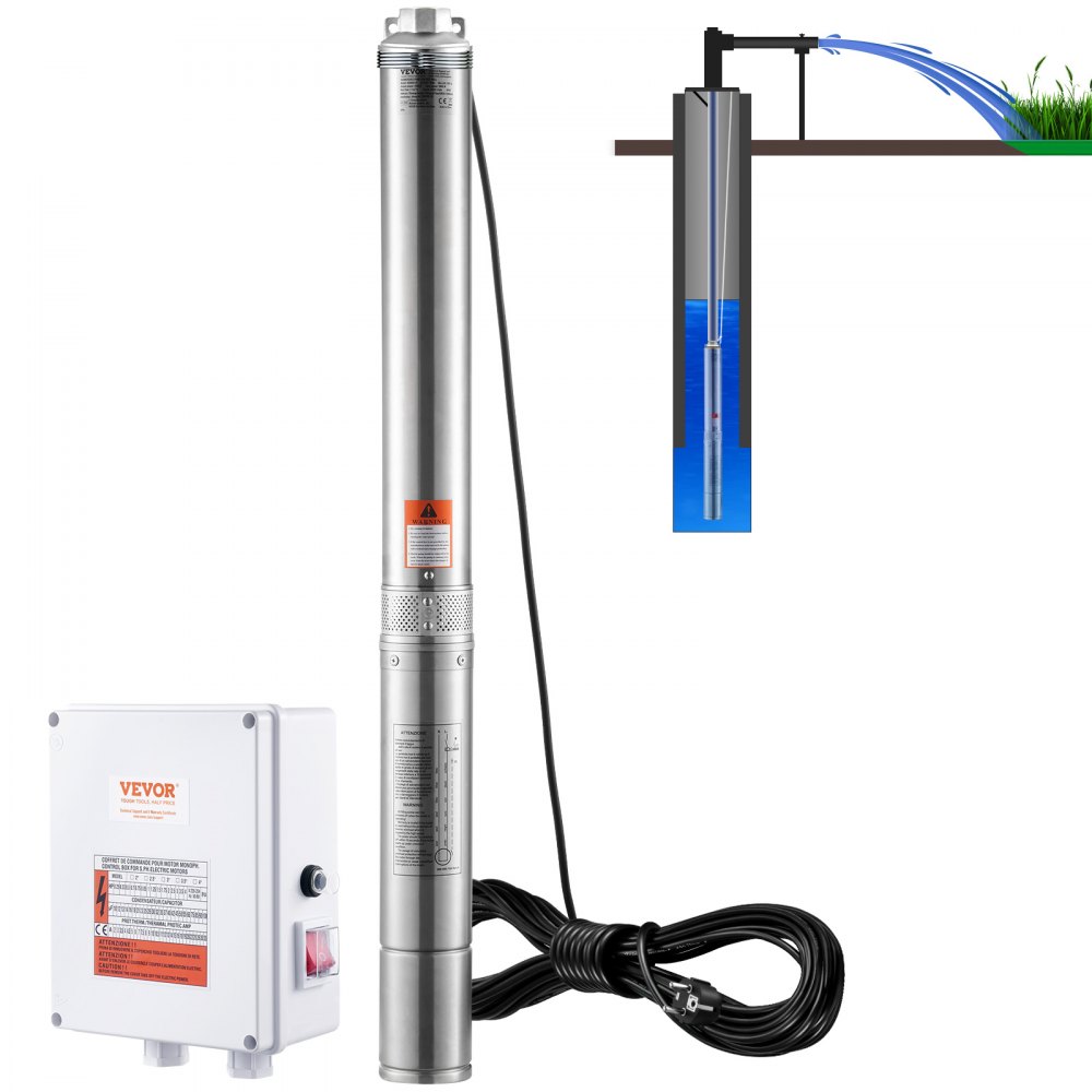 VEVOR Tiefbrunnen-Tauchpumpe, 2200 W, 230 V, 9,8 m³/h Durchfluss, 144 m Förderhöhe, mit 19,4 m Kabel und externer Steuerbox, Edelstahl-Wasserpumpen für industrielle Bewässerung und den Heimgebrauch, IP68 wasserdicht