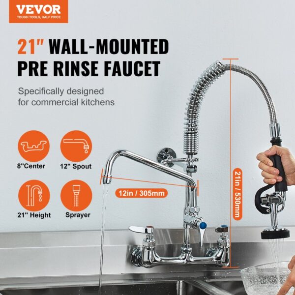 VEVOR Kommerzieller Wasserhahn mit Vorspülbrause, Küchenarmatur 53 cm Höhe, 30,5 cm Schwenkauslauf, Küchenspülenarmatur zur Wandmontage, Gerät aus Messing mit ausziehbarer Brause, für 1/2/3-Fach-Spüle – Bild 2