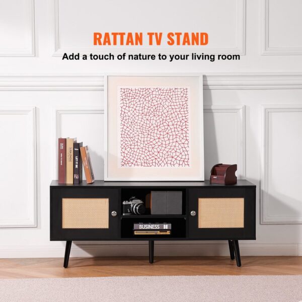 VEVOR Rattan-TV-Ständer, Fernsehschrank Boho-TV-Schrank für 140 cm Fernseher, Retro-TV-Ständer, Rattan-TV-Konsole mit verstellbaren Regalen & 2 Türen, für Wohnzimmer, Medienraum, Schwarz – Bild 2