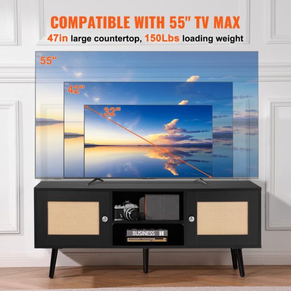 VEVOR Rattan-TV-Ständer, Fernsehschrank Boho-TV-Schrank für 140 cm Fernseher, Retro-TV-Ständer, Rattan-TV-Konsole mit verstellbaren Regalen & 2 Türen, für Wohnzimmer, Medienraum, Schwarz – Bild 3
