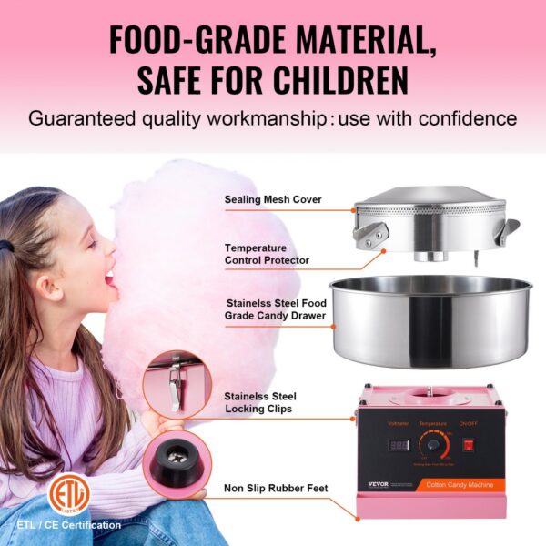 VEVOR Elektrische Zuckerwattemaschine, 1 kW Zuckerwattegeräte, Kommerzielle Zuckerwattemaschine mit Edelstahlschüssel & Zuckerlöffel, Perfekt für Kindergeburtstage zu Hause, Familienfeiern (Rosa) – Bild 4