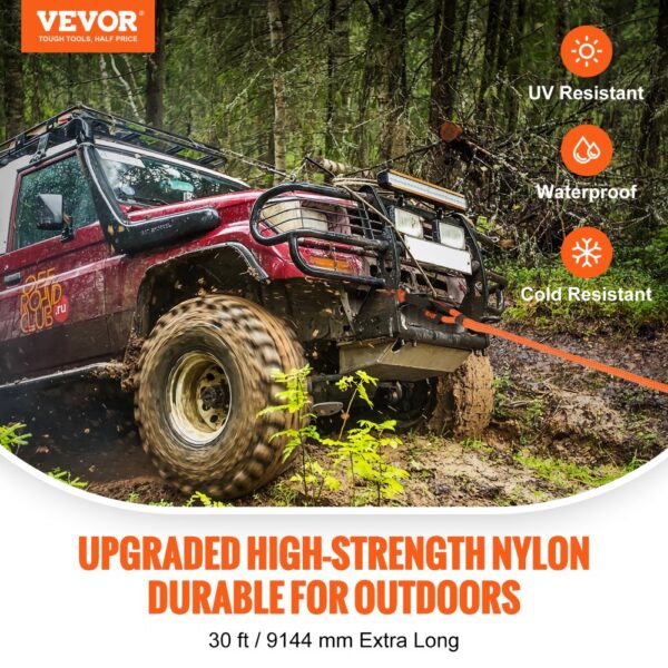 VEVOR 22 mm x 9 m Abschleppseil 13871 kg, Hochleistungs-Offroad-Bergegurt mit 2 weichen Schäkeln (20.000 kg) Extrem belastbar 30 % Elastizität Energie-Bergegurt für Jeep Auto LKW ATV UTV SUV Traktor – Bild 2
