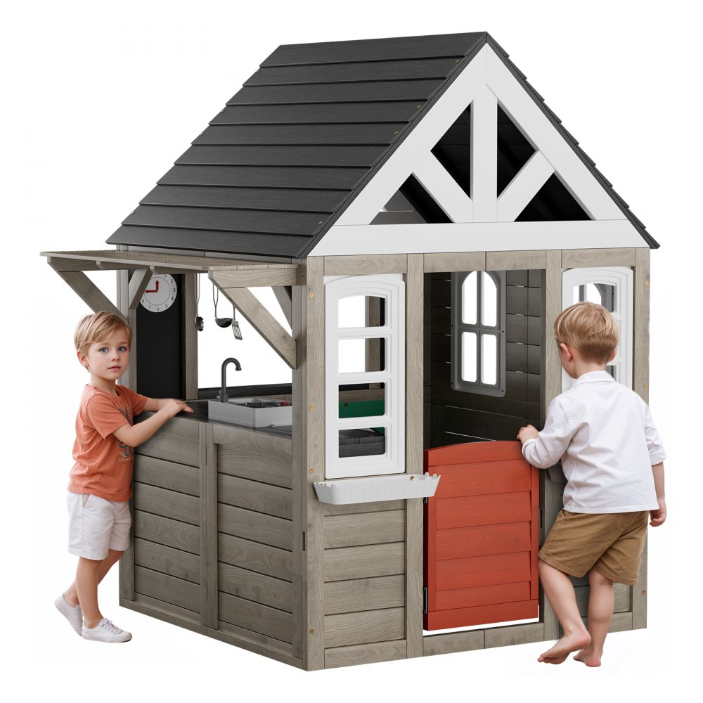 VEVOR Holzspielhaus Kinderspielhaus, Gartenhaus für Kinder ab 2 Jahren, Gartenspiele-Hütte, Spielhaus aus Zedernholz im Landhausstil mit Tür, Fenster, Blumentopfhalter, Grill, Herd und Spüle