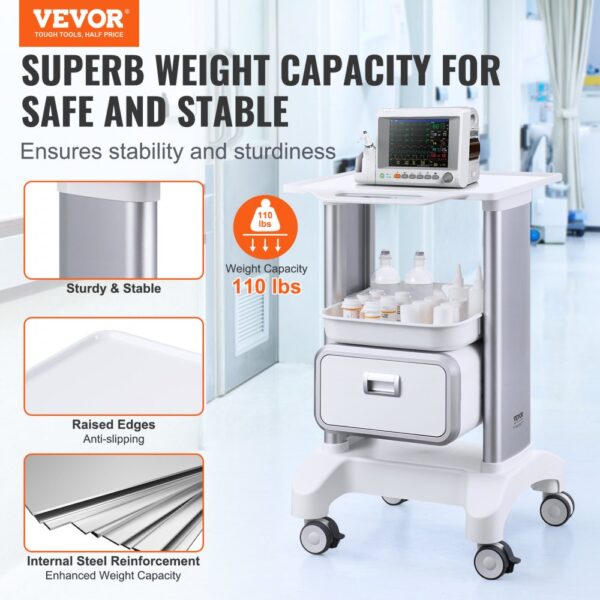 VEVOR Laborwagen mit 2 Ebenen, Laborwagen mit 1 Schublade und 1 oberem Tablett, mobiler medizinischer Wagen aus ABS-Material, Laborrollwagen mit 4 leisen Rädern für Labor, Klinik, Krankenhaus, Salon, weiß – Bild 2