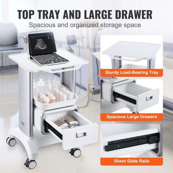 VEVOR Laborwagen mit 2 Ebenen, Laborwagen mit 1 Schublade und 1 oberem Tablett, mobiler medizinischer Wagen aus ABS-Material, Laborrollwagen mit 4 leisen Rädern für Labor, Klinik, Krankenhaus, Salon, weiß – Bild 5