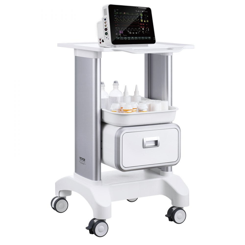 VEVOR Laborwagen mit 2 Ebenen, Laborwagen mit 1 Schublade und 1 oberem Tablett, mobiler medizinischer Wagen aus ABS-Material, Laborrollwagen mit 4 leisen Rädern für Labor, Klinik, Krankenhaus, Salon, weiß