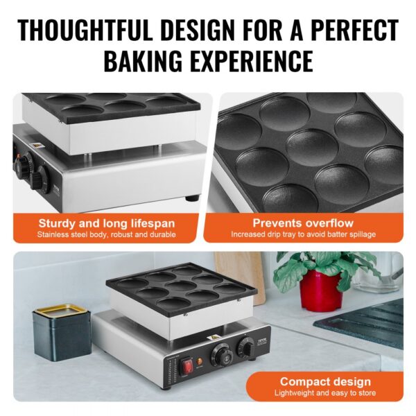 VEVOR Mini-Pfannkuchenmaker kommerzielle Dutch mini Pfannkuchen Maschine, 9 Stk., 76 mm Durchmesser, Dorayaki-Backmaschine, 850 W, Temperatur- und Zeitregelung, in Küchen, Cafés und Restaurants – Bild 5