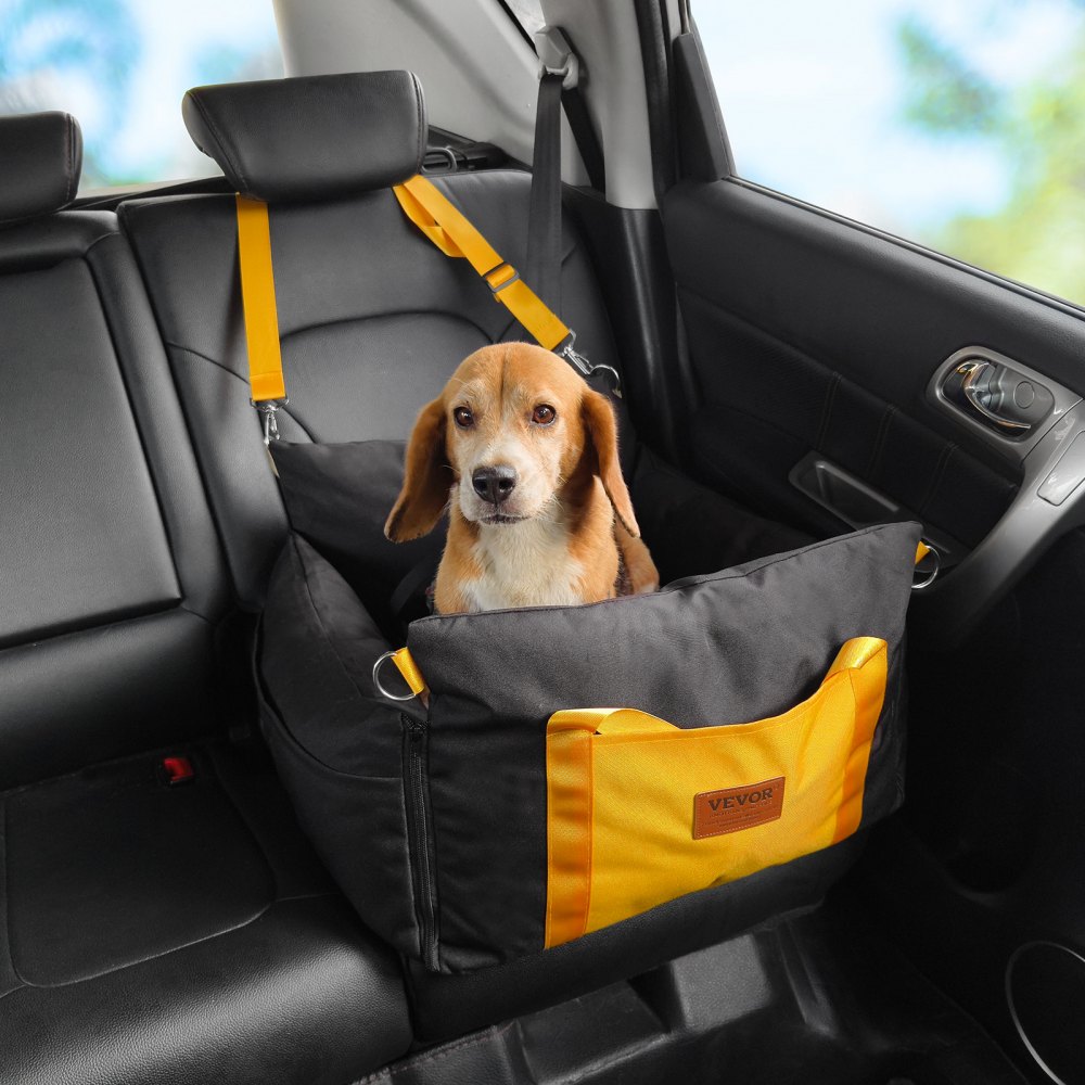VEVOR Hundeautositz Hundesitzerhöhung mit seitlichen Griffen und Aufbewahrungstasche, ansteckbarer Sicherheitsleine und Füllung aus PP-Baumwolle, Hundeautobett für kleine Hunde bis 25 Pfund, Schwarz