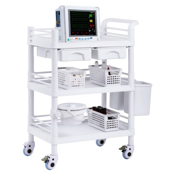 VEVOR Laborwagen mit 3 Ebenen, Laborwagen mit 3 Ablagen und 4 leisen Rädern, mobiler medizinischer Wagen aus PP-Material, Laborrollwagen mit 3 Mülleimern für Labor, Klinik, Krankenhaus, Salon, weiß