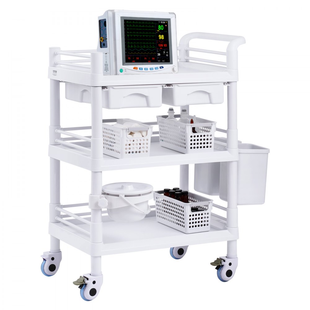 VEVOR Laborwagen mit 3 Ebenen, Laborwagen mit 3 Ablagen und 4 leisen Rädern, mobiler medizinischer Wagen aus PP-Material, Laborrollwagen mit 3 Mülleimern für Labor, Klinik, Krankenhaus, Salon, weiß