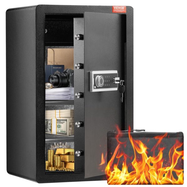 VEVOR Safe Tresor mit feuerfester Geldtasche, Einzeltür-Safe 113 L, 2 Trennwände, digitaler Möbeltresor mit Schlüssel und Code, Wertsachenbox für Geld und Schmuck, Geldtresor Schwarz