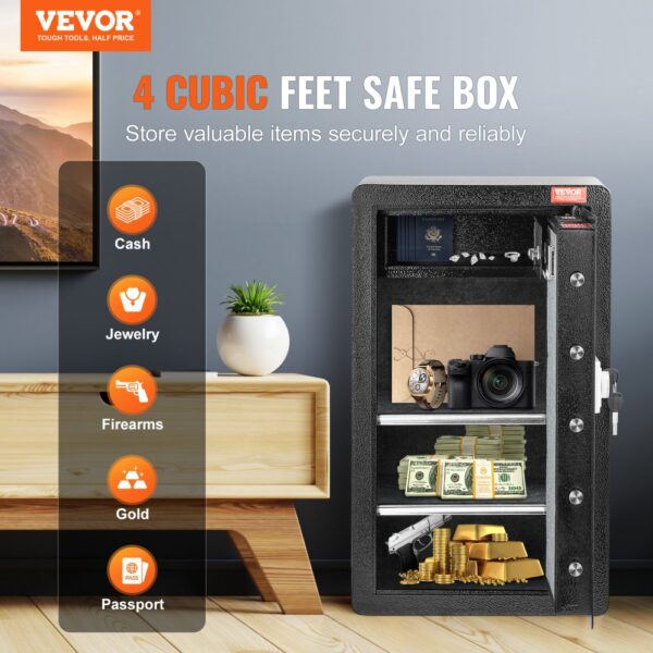 VEVOR Safe Tresor mit feuerfester Geldtasche, Einzeltür-Safe 113 L, 2 Trennwände, digitaler Möbeltresor mit Schlüssel und Code, Wertsachenbox für Geld und Schmuck, Geldtresor Schwarz – Bild 2
