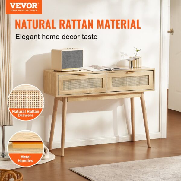 VEVOR Rattan-Konsolentisch mit 2 Schubladen, Rattan-Eingangstisch mit natürlicher Rattan-Schiebetür, Konsolen-Sofatisch für Wohnzimmer, Arbeitszimmer, Eingangsbereich oder Fernsehwand, Natur – Bild 2 VEVOR Rattan-Konsolentisch mit 2 Schubladen, Rattan-Eingangstisch mit natürlicher Rattan-Schiebetür, Konsolen-Sofatisch für Wohnzimmer, Arbeitszimmer, Eingangsbereich oder Fernsehwand, Natur – Bild 2